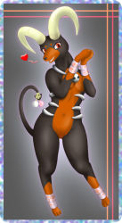 Rule 34 | 1girl, blush, breasts, cleavage, creatures (company), female focus, full body, furry, furry female, game freak, gen 2 pokemon, gradient background, heart, horns, houndoom, nintendo, pokemon, pokemon (creature), pussy, smile, solo, tail