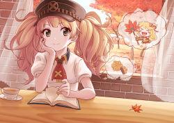 Rule 34 | 2girls, absurdres, arm support, ascot, autumn, autumn leaves, blonde hair, book, brick wall, brown eyes, character request, cup, curtains, elbow rest, food, hand fan, hand on own cheek, hand on own face, hat, highres, leaf, looking to the side, momiji manjuu, monika weisswind, multiple girls, nakahima, orange theme, princess connect!, saucer, short sleeves, short twintails, sitting, smile, table, teacup, thought bubble, tree, twintails, wagashi, window
