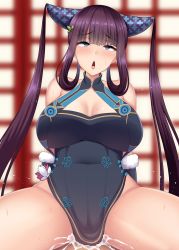 Rule 34 | 1girl, bare shoulders, black dress, blue eyes, blunt bangs, blush, breasts, china dress, chinese clothes, cleavage, clothed sex, cum, cum in pussy, detached sleeves, dress, fate/grand order, fate (series), hair ornament, highres, kisaragi nana, large breasts, long hair, looking at viewer, purple hair, sex, sidelocks, solo focus, twintails, very long hair, yang guifei (fate), yang guifei (second ascension) (fate)