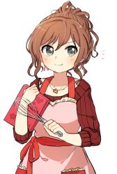Rule 34 | 1girl, :3, apron, bang dream!, bd ayknn, blush, box, brown hair, brown sweater, closed mouth, commentary request, gold, green eyes, holding, holding box, imai lisa, jewelry, long sleeves, looking at viewer, necklace, notice lines, pink apron, ribbed sweater, simple background, sleeves pushed up, solo, sweater, whisk, white background
