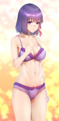 Rule 34 | 1girl, bare shoulders, blush, bra, breasts, closed mouth, collarbone, fate/stay night, fate (series), hair between eyes, hair ribbon, large breasts, looking at viewer, matou sakura, navel, panties, purple bra, purple eyes, purple hair, purple panties, purple ribbon, ribbon, short hair, solo, thighs, underwear, underwear only, zucchini