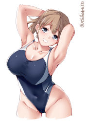 Rule 34 | 1girl, alternate costume, armpits, arms behind head, blue eyes, blue one-piece swimsuit, blush, breasts, brown hair, cleavage, collarbone, competition swimsuit, covered navel, cropped legs, ebifurya, groin, highleg, highleg swimsuit, highres, intrepid (kancolle), kantai collection, large breasts, navel, one-piece swimsuit, ponytail, short hair, simple background, smile, solo, swimsuit, twitter username, white background