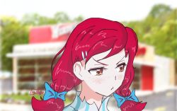 Rule 34 | 1girl, blush, freckles, hair bow, hairclip, half-closed eyes, looking away, pout, red hair, restaurant, solo, tsundere, twintails, wendy&#039;s, wendy (wendy&#039;s)