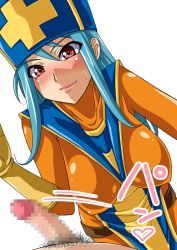 Rule 34 | 1girl, artist request, blue hair, blush, bodysuit, breasts, censored, chunsoft, clothed female nude male, cross, dragon quest, dragon quest iii, enix, erection, gloves, greek cross, hat, heart, large breasts, latex, latex gloves, light smile, looking at viewer, male pubic hair, mosaic censoring, motion lines, nude, penis, penis play, pov, priest (dq3), pubic hair, red eyes, simple background, skin tight, slapping, slapping penis, smile, square enix, sweatdrop, tabard, tagme, text focus, translated, translation request, white background, yellow gloves