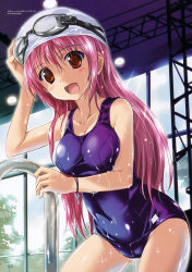 Rule 34 | 1girl, :d, absurdres, bare shoulders, blush, breasts, brown eyes, character request, covered navel, goggles, goggles on head, goggles on headwear, happy, hat, highres, komatsu eiji, long hair, looking at viewer, navel, non-web source, one-piece swimsuit, open mouth, original, pink hair, scan, school swimsuit, shiny clothes, smile, solo, standing, swim cap, swimsuit, tongue, wet