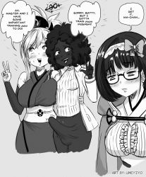 Rule 34 | 3girls, blush, breasts, bulge, dark-skinned female, dark skin, english text, erection, erection under clothes, fate/grand order, fate (series), futanari, glasses, grey background, interracial, large breasts, long hair, looking at viewer, miyamoto musashi (fate), monochrome, multiple girls, open mouth, original, osakabehime (fate), rolling eyes, simple background, smile, speech bubble, umeyiyo, v