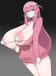 Rule 34 | 1girl, alternate breast size, areola slip, bikini, bikini top only, black background, blue eyes, bocchi the rock!, bottomless, breasts, chamchami, cleft of venus, covered erect nipples, gotoh hitori, gradient background, huge breasts, jacket, long hair, looking at viewer, mask, micro bikini, mouth mask, no panties, open clothes, open jacket, pink hair, pussy, solo, standing, steaming body, sweat, swimsuit, uncensored
