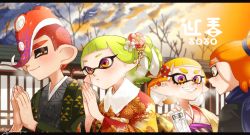 Rule 34 | 2boys, 2girls, bird, black kimono, blue scarf, blunt bangs, blurry, blurry background, blush, building, closed mouth, cloud, cloudy sky, commentary, dated, depth of field, emblem, floral print, flower, fur scarf, green hair, grey sky, grin, hair flower, hair ornament, hair scrunchie, hair up, half-closed eyes, holding, holding paper, inkling, inkling (language), inkling boy, inkling girl, inkling player character, japanese clothes, kimono, letterboxed, looking at another, mask, medium hair, mohawk, multiple boys, multiple girls, nintendo, octoling, octoling boy, octoling player character, open mouth, orange hair, orange kimono, orange sky, outdoors, paper, pink kimono, pointy ears, praying, print kimono, red eyes, red hair, scarf, scrunchie, sharp teeth, short hair, sky, smile, splatoon (series), squid, standing, suction cups, sunrise, teeth, tentacle hair, topknot, tree, yeneny