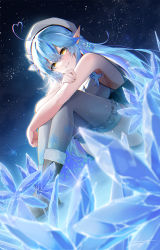 Rule 34 | 1girl, ahoge, bare arms, beret, blouse, blue hair, boots, commentary request, elf, hair between eyes, half updo, hat, heart, heart ahoge, highres, hololive, hugging own legs, ice, long hair, looking at viewer, night, night sky, outdoors, pointy ears, shirt, sidelocks, sitting, sky, sleeveless, sleeveless shirt, smile, snowflake print, solo, star (sky), starry sky, thighhighs, toto (kuro toto), virtual youtuber, white hat, white shirt, white thighhighs, yellow eyes, yukihana lamy