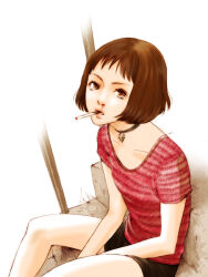 Rule 34 | 1girl, aya (327923), between legs, black choker, black shorts, bob cut, breasts, brown eyes, brown hair, choker, cigarette, collarbone, commentary, eyelashes, feet out of frame, from above, from side, hand between legs, leon the professional, looking at viewer, looking to the side, looking up, mathilda lando, mouth hold, own hands together, pendant choker, railing, red shirt, scoop neck, shirt, short hair, short shorts, short sleeves, shorts, sitting, sitting on stairs, small breasts, smoking, solo, stairs, striped clothes, striped shirt, v arms, vignetting, white background