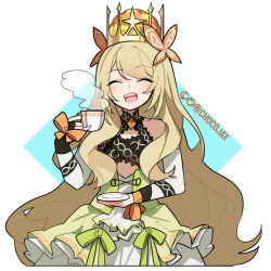 Rule 34 | 1girl, artist name, blonde hair, bow, butterfly hair ornament, celine (fire emblem), chocojax, closed eyes, commentary, crown, cup, dress, english commentary, facing viewer, fire emblem, fire emblem engage, flower, green bow, hair flower, hair ornament, highres, holding, holding cup, holding plate, long hair, nintendo, open mouth, orange bow, patreon logo, plate, simple background, solo, teacup, teeth, twitch logo, twitter logo, upper teeth only, very long hair, wrist bow