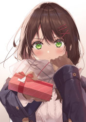 Rule 34 | 1girl, beige shirt, black jacket, blush, bow, brown hair, brown mittens, buttons, comitia, gift, gradient background, green eyes, hair between eyes, hair ornament, hairclip, highres, jacket, long hair, long sleeves, looking at viewer, mittens, necomi, original, red bow, ribbed shirt, scarf, shirt, simple background, solo, upper body, x hair ornament