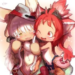 Rule 34 | 2girls, :d, ;d, alternate universe, animal ears, blush, blush stickers, ears through headwear, fang, furry, goggles, goggles on head, happy, hat, hug, long hair, looking at another, made in abyss, mitty (made in abyss), mitty (made in abyss) (furry), multiple girls, nanachi (made in abyss), one eye closed, open mouth, red eyes, red hair, smile, spoilers, suurin (ksyaro), topless