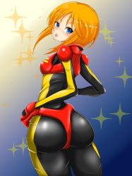 Rule 34 | 1girl, ass, blue eyes, bodysuit, from behind, gundam, gundam zz, looking at viewer, looking back, open mouth, orange hair, puru two, ryo (botugo), shiny clothes, short hair, solo