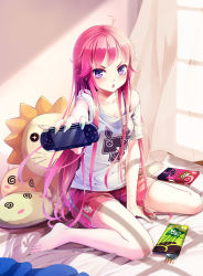 Rule 34 | 1girl, angry, bare legs, barefoot, bed, blush, bra, bra strap, breasts, chestnut mouth, curtains, food, handheld game console, highres, indoors, kaku-san-sei million arthur, long hair, looking at viewer, million arthur (series), nail polish, off shoulder, official art, open mouth, pink hair, playstation portable, pocky, purple eyes, shirt, shorts, sitting, small breasts, solo, t-shirt, underwear, wait, wariza, window