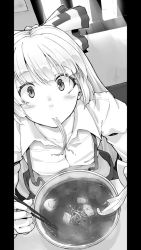 Rule 34 | 1girl, aya shachou, blush, bow, bowl, caught, chopsticks, eating, egg, eyelashes, face, female focus, food, from above, fujiwara no mokou, greyscale, hair bow, long hair, looking at viewer, looking up, monochrome, mouth hold, noodles, pillarboxed, ramen, slit pupils, solo, spoon, steam, suspenders, touhou, very long hair