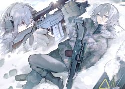 Rule 34 | 1girl, absurdres, aiming, assault rifle, black footwear, boots, camouflage, camouflage jacket, ear protection, foot out of frame, footprints, from above, fur-trimmed jacket, fur trim, glint, gloves, grey hair, gun, hair between eyes, highres, holding, holding gun, holding weapon, jacket, long bangs, looking at viewer, lying, military, multiple views, on back, original, parted lips, red eyes, rifle, scope, seallllion, short hair, sig sg550, sig sg550, snow, solo, weapon