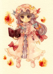 Rule 34 | 1girl, book, bow, crescent, deformed, fire, hair bow, hat, long hair, painting (medium), patchouli knowledge, purple eyes, purple hair, shiroma (mamiko), solo, touhou, traditional media, watercolor (medium)