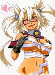 Rule 34 | 10s, 1girl, black gloves, blonde hair, blush, breast hold, breasts, dark skin, dark-skinned female, fingerless gloves, glasses, gloves, heart, kantai collection, kawachi koorogi, large breasts, long hair, looking at viewer, marker (medium), musashi (kancolle), navel, open mouth, personification, pointy hair, red eyes, sarashi, grabbing own breast, semi-rimless eyewear, smile, solo, spoken heart, sweat, traditional media, twintails
