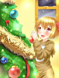 Rule 34 | 1girl, alternate costume, animal costume, blonde hair, blurry, blush, bokeh, christmas, christmas ornaments, christmas tree, commentary, depth of field, hand up, highres, holding, hood, indoors, lens flare, looking up, night, open mouth, red eyes, reindeer costume, rody (hayama yuu), rumia, short hair, smile, snow, snowing, solo, touhou, window