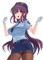 Rule 34 | 1girl, alternate costume, arms up, bad id, bad twitter id, belt, belt buckle, blue headwear, blue necktie, blue shirt, blue skirt, blush, breast pocket, breasts, buckle, collared shirt, commentary request, cowboy shot, damda, emblem, fate/grand order, fate (series), gloves, hair intakes, large breasts, long hair, looking to the side, necktie, open mouth, orange pantyhose, panties, pantyhose, pantyshot, pencil skirt, pocket, police, police uniform, policewoman, purple eyes, red eyes, scathach (fate), shirt, simple background, skirt, solo, speech bubble, standing, teeth, thighband pantyhose, tongue, underwear, uniform, very long hair, white background, white gloves