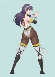 Rule 34 | 1girl, armor, ass, back tattoo, bad id, bad pixiv id, bare shoulders, blue background, boots, breasts, elbow gloves, fairy tail, from behind, gloves, green eyes, hairband, huge ass, leotard, long hair, looking at viewer, looking back, pantyhose, purple hair, ribbon, sideboob, tattoo, thighhighs, ultear milkovich, vasily (run211), watermark