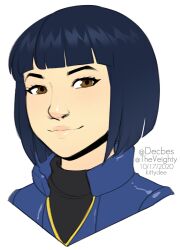 Rule 34 | 1girl, artist name, black hair, black sweater, blue jacket, blunt bangs, blunt ends, bob cut, brown eyes, close-up, closed mouth, commentary, commission, cropped torso, dated, english commentary, eyelashes, jacket, kate mikolajczyk (silverfox442), kittydee, lips, looking at viewer, nose, original, portrait, short hair, simple background, smile, solo, sweater, turtleneck, twitter username, white background