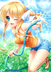Rule 34 | 1girl, ;d, bad id, bad pixiv id, bare arms, bare shoulders, barefoot, blonde hair, blue eyes, blue gemstone, blue shorts, blue sky, blush, bow, bracelet, breasts, bush, cleavage, cloud, cloudy sky, day, denim, denim shorts, fingernails, gem, hair bow, hair ornament, hair ribbon, hairclip, highres, holding, holding hose, hose, jewelry, kagamine rin, leaning forward, leg up, long hair, looking at viewer, medium breasts, midriff, navel, no socks, one eye closed, open mouth, orange shirt, outdoors, plant, ponytail, ribbon, sandals, shirt, shorts, sky, sleeveless, smile, solo, spaghetti strap, sparkle, splashing, tank top, ueno tsuki, vocaloid, water, water drop, wristband, x hair ornament