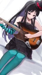 Rule 34 | 1girl, absurdres, akiyama mio, aqua gloves, aqua pantyhose, bare shoulders, bass guitar, black dress, black eyes, black hair, black hat, closed mouth, colored inner hair, don&#039;t say &quot;lazy&quot;, dress, elbow gloves, feet out of frame, fingerless gloves, frilled dress, frills, gloves, hat, highres, instrument, k-on!, long hair, looking at object, looking down, multicolored hair, music, pantyhose, playing instrument, pleated dress, purple hair, single glove, sitting, smile, solo, top hat, white background, yaki tai