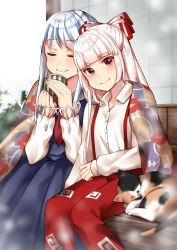 Rule 34 | 2girls, artist request, bad id, bad pixiv id, blanket, blue dress, blue hair, blush, bow, cat, closed eyes, commentary request, dress, feet out of frame, fujiwara no mokou, hair bow, hands up, highres, holding, kamishirasawa keine, long hair, long sleeves, looking at viewer, maitacoco, multiple girls, neckerchief, no headwear, ofuda, pants, red eyes, red neckerchief, red pants, shared blanket, shirt, silver hair, sitting, smile, suspenders, touhou, white bow, white shirt, wing collar