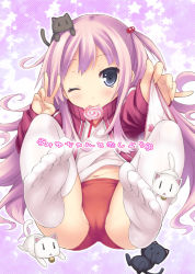 Rule 34 | 1girl, ;), blush, buruma, cameltoe, candy, cat, cover, cover page, feet, food, foot focus, gym uniform, hair bobbles, hair ornament, holding, holding clothes, holding panties, holding underwear, jacket, lollipop, long hair, looking at viewer, lying, mouth hold, navel, no shoes, on back, one eye closed, one side up, open clothes, open jacket, original, panties, unworn panties, partially visible vulva, pink eyes, pink hair, print panties, ryo (botugo), smile, soles, solo, star (symbol), swirl lollipop, thighhighs, toes, track jacket, underwear, v, very long hair, white panties, white thighhighs, wink