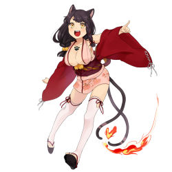 Rule 34 | 1girl, animal ears, artist request, bell, breasts, cat ears, cat tail, cleavage, copyright request, fire, floral print, full body, highres, index finger raised, japanese clothes, large breasts, looking at viewer, multiple tails, nekomata (youkai hyakki-tan!), obi, official art, open mouth, outstretched arm, paw print, sandals, sash, simple background, solo, tail, thighhighs, toeless legwear, toes, white background, white thighhighs, wide sleeves, yellow eyes, youkai hyakki-tan!