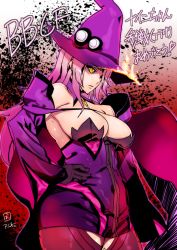 Rule 34 | 1girl, alternate color, ashiomi masato, blazblue, blazblue: central fiction, breasts, cleavage, dark persona, elbow gloves, gloves, gradient background, hat, konoe a. mercury, large breasts, purple hair, solo, translation request, witch hat