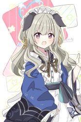 Rule 34 | 1girl, animal ears, apron, azukimame, blue archive, blush, brown eyes, commentary request, dog ears, grey hair, hair ornament, halo, long hair, long sleeves, looking at viewer, maid, maid headdress, open mouth, solo, twitter username, umika (blue archive), wa maid, white background