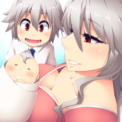 Rule 34 | 1girl, 2boys, alternate hair length, alternate hairstyle, baby, baby carry, blue necktie, blush, breast press, breasts, carrying, cleavage, closed eyes, collarbone, collared shirt, colored eyelashes, commentary request, from side, grin, hair between eyes, hair down, half-closed eyes, hayashi custom, holding, izayoi sakuya, large breasts, long hair, looking down, mother and daughter, mother and son, multiple boys, necktie, perspective, pink lips, shiny skin, shirt, short sleeves, silver hair, size difference, smile, touhou, white shirt, wrapped up
