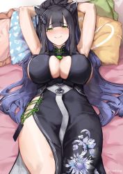 Rule 34 | 1girl, animal ears, armpits, arms up, bed, bed sheet, black hair, blue archive, blunt bangs, blush, breasts, cleavage, closed mouth, dress, frilled pillow, frills, green eyes, head on pillow, heart, highres, holding, large breasts, long hair, looking at viewer, lying, nashidrop, on back, on bed, pillow, shun (blue archive), smile, solo