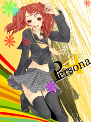 Rule 34 | 1girl, asagi-so, atlus, bad id, bad pixiv id, black thighhighs, female focus, glasses, kujikawa rise, midriff, open mouth, persona, persona 4, red-framed eyewear, red eyes, red hair, school uniform, serafuku, skirt, smile, solo, thighhighs, twintails