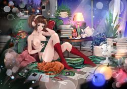 Rule 34 | 1girl, absurdres, bedroom, book, bookshelf, brown hair, casual, cat, christmas, dreaming witch, headphones, highres, huge filesize, lamp, listening to music, lofi girl, lofi girl (youtube), looking down, mechanical pencil, night, open book, pencil, phone, short ponytail, sitting, solo focus, studying, topless, winter