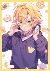 Rule 34 | 1boy, blonde hair, blush, border, candy, commentary, crown print, decora, emoji hair ornament, food, green eyes, hair ornament, hairclip, highres, holding, holding candy, holding food, holding lollipop, hood, hoodie, lollipop, long sleeves, looking at viewer, male focus, necktie, nijisanji, nono chitose, panda hair ornament, rainbow hair ornament, short hair, solo, sticker on face, symbol-only commentary, upper body, uzuki kou, virtual youtuber, wing hair ornament, wrapped candy, x hair ornament