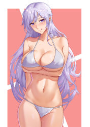 Rule 34 | 1girl, absurdres, arm behind back, arm support, azur lane, bare shoulders, belfast (azur lane), bikini, blush, bra, braid, breasts, cleavage, closed mouth, collarbone, feet out of frame, freed turing, french braid, highres, large breasts, licking lips, long hair, looking at viewer, navel, panties, purple eyes, silver hair, simple background, solo, standing, swimsuit, tongue, tongue out, underwear, white bikini, white bra, white panties