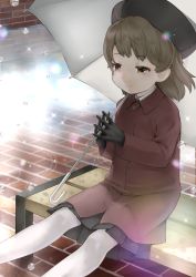 Rule 34 | 1girl, bench, beret, black gloves, black hat, black skirt, brick wall, brown coat, brown eyes, brown hair, bubble, closed mouth, coat, collared coat, commentary request, feet out of frame, gloves, hat, hatoba tsugu, highres, holding, holding umbrella, interlocked fingers, long sleeves, looking away, on bench, outdoors, pantyhose, pleated skirt, rain, rin2008, ripples, running bond, shirt, sitting, skirt, smile, solo, tsugu (vtuber), umbrella, virtual youtuber, water, white pantyhose, white shirt, white umbrella