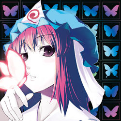 Rule 34 | 1girl, album cover, bug, butterfly, cover, female focus, glowing, hat, insect, kabayaki unagi, lowres, pink eyes, pink hair, portrait, saigyouji yuyuko, short hair, solo, touhou