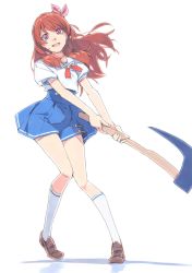 Rule 34 | 1girl, :d, aikatsu!, aikatsu! (series), akinbo (hyouka fuyou), axe, blue skirt, bow, brown footwear, brown hair, floating hair, full body, hair bow, head tilt, highres, holding, holding axe, kneehighs, loafers, long hair, looking at viewer, miniskirt, neck ribbon, ozora akari, open mouth, pink bow, pink eyes, pleated skirt, red ribbon, ribbon, sailor collar, school uniform, shirt, shoes, short sleeves, simple background, skirt, smile, socks, solo, white background, white socks, white sailor collar, white shirt