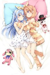 Rule 34 | 2girls, :o, bare arms, bare shoulders, barefoot, bed sheet, black hairband, black headwear, bloomers, blue eyes, blue hair, blush, brown hair, brown legwear, closed mouth, commentary, dress, ears through headwear, eye contact, eyepatch, frilled hairband, frills, gochuumon wa usagi desu ka?, hair between eyes, hair ribbon, hairband, hat, hood, hood down, hooded jacket, hoto cocoa, jacket, kafuu chino, kneehighs, long hair, long sleeves, looking at another, lying, multiple girls, nail polish, natsume eri, off shoulder, on back, on side, open clothes, open jacket, parted lips, pink nails, polka dot, polka dot dress, purple eyes, ribbon, sleeveless, sleeveless dress, smile, socks, striped clothes, striped jacket, striped ribbon, stuffed animal, stuffed rabbit, stuffed toy, toeless legwear, toenail polish, toenails, top hat, underwear, very long hair, white bloomers, white dress, yuri