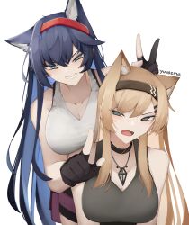 Rule 34 | 2girls, absurdres, animal ears, arknights, bare arms, bare shoulders, black gloves, black hair, black hairband, black tank top, blaze (arknights), blonde hair, blue eyes, blue hair, cat ears, colored inner hair, commentary request, gloves, grin, hairband, highres, horn (arknights), looking at viewer, multicolored hair, multiple girls, open mouth, red hairband, simple background, smile, tank top, upper body, white background, white tank top, wolf ears, yuu azma