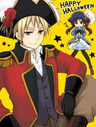 Rule 34 | 1boy, 1girl, alternate costume, ankle boots, ascot, axis powers hetalia, belt, bicorne, black pantyhose, blonde hair, blush, boots, brown eyes, brown hair, captain hook, captain hook (cosplay), cosplay, cross-laced footwear, english text, epaulettes, eyebrows, flower, frilled skirt, frills, gem, gloves, gold, green eyes, grin, hair ribbon, halloween, happy halloween, hat, hat feather, hat flower, inari (25), james hook, james hook (cosplay), long hair, miniskirt, open mouth, pants, pantyhose, pigeon-toed, pirate, red flower, red rose, ribbon, rose, seychelles (hetalia), simple background, sitting, skirt, smile, star (symbol), steepled fingers, surprised, sweat, swept bangs, tegaki, thick eyebrows, tricorne, twintails, united kingdom (hetalia), yellow background