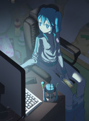 Rule 34 | 1girl, armchair, bed, blue eyes, blue hair, blush, bottle, bottomless, breasts, cellphone, chair, character doll, closed mouth, clothes pull, colored eyelashes, covered erect nipples, flaccid, foreskin, futanari, hair between eyes, hatsune miku, hood, hoodie, indoors, long hair, matching hair/eyes, monitor, newhalf, night, no bra, nonchalant, nonchalant peeing, open clothes, open hoodie, panties, pants, pants pull, panty pull, pee, peeing, peeing in bottle, penis, phone, piss bottle, sitting, small breasts, smartphone, solo, striped clothes, striped panties, testicles, tissue box, trash can, underwear, urashuu, very long hair, vocaloid