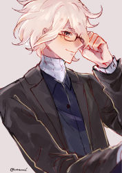 Rule 34 | 1boy, bespectacled, black jacket, blood, blue shirt, blush, closed mouth, commentary, danganronpa (series), danganronpa 2: goodbye despair, english commentary, from side, glasses, grey background, hakamii, highres, jacket, komaeda nagito, long sleeves, male focus, messy hair, open clothes, open jacket, shirt, short hair, simple background, smile, solo, turtleneck, twitter username, upper body, white hair