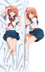 Rule 34 | 1girl, absurdres, highres, looking at viewer, lying, neckerchief, no shoes, official art, on back, open mouth, pleated skirt, red eyes, red hair, red neckerchief, school uniform, see-through, see-through shirt, short hair, short sleeves, skirt, socks, tagme, top-down bottom-up, white socks, yahari ore no seishun lovecome wa machigatteiru., yuigahama yui