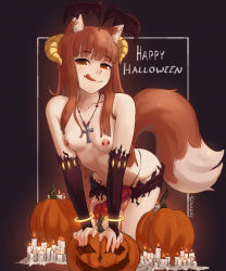 Rule 34 | 1girl, animal ear fluff, animal ears, animal penis, bent over, blunt bangs, breasts, brown hair, candle, closed mouth, dog penis, erection, futanari, halloween, happy halloween, highres, holo, horns, long hair, looking at viewer, nipple piercing, nipples, penis, piercing, precum, pumpkin, red eyes, seraziel, small breasts, solo, spice and wolf, tail, testicles, tongue, tongue out, topless, uncensored, wolf ears, wolf girl, wolf tail